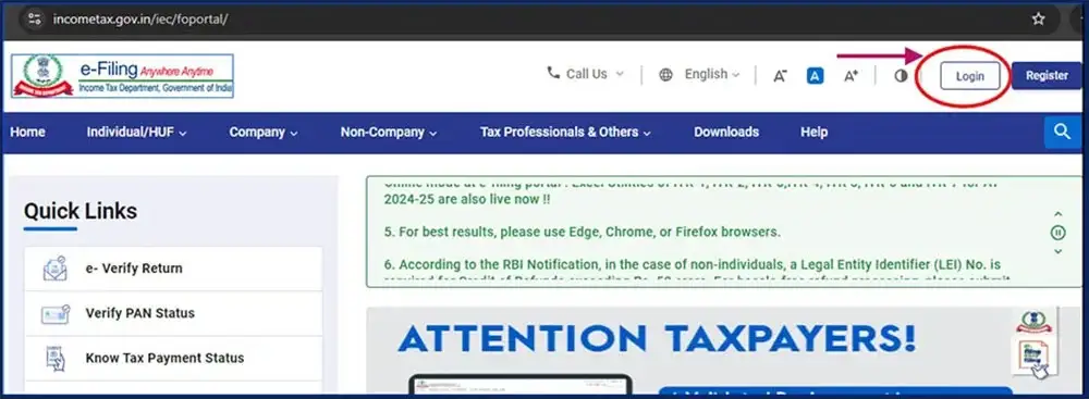 Log in to the Income Tax E-filing portal
